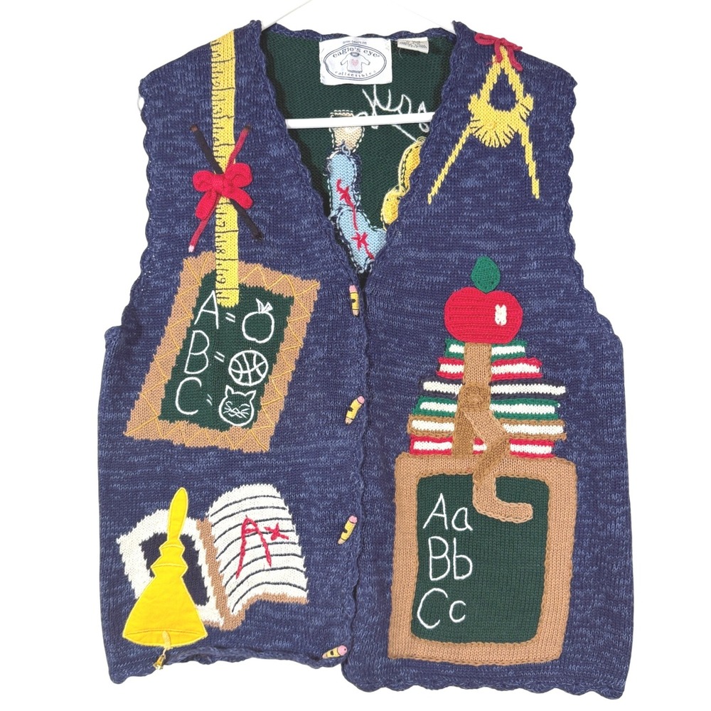 Vintage 90s Eagles Eye School Teacher Knit Sweater Vest Womens LG 1996 Novelty